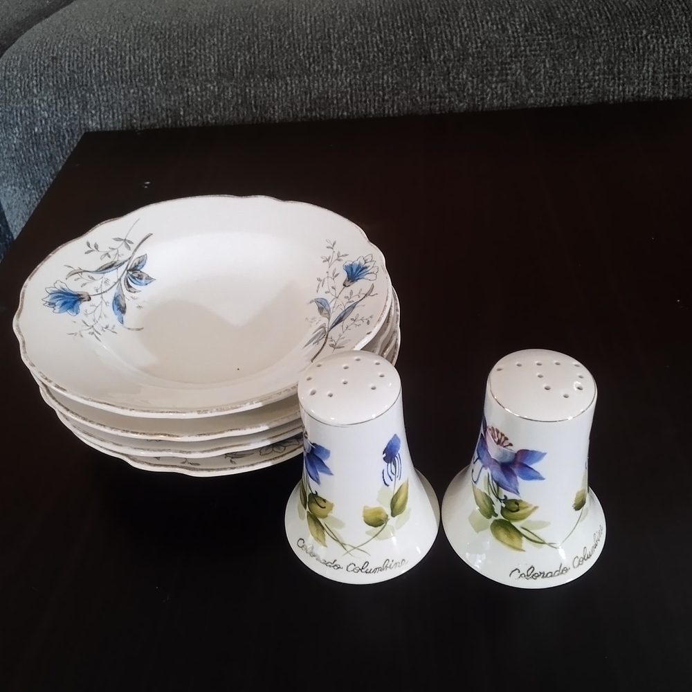 Blue Floral Salt And Pepper With Four Sauce Bowls